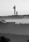 Kerlan (Ker Lann), 2011. Brouillard du petit matin: Le Stiff et tour radar.
