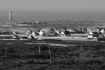 Pointe du Stiff (Beg Stif), 2011. Vue du haut du phare du Stiff: Feunten Velen, La Jument dans la brume, maisons du Prat; au premier plan les maisons de Lann Ar Grac`h et Corz, et la Baie de Lampaul.