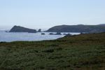 Lann Penarland (Lann Penn Al Lann) - Croix de Saint Paul (Kroaz Pol), 2011. Lande, et vue sur la Pointe de Veilgoz et Enez Ein; La Jument derrière la colline.