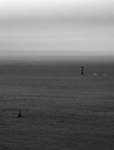 Pointe du Stiff (Beg Stif), 2011. Vue de la brume vers l`Est: tourelle, phare de Men Korn, route vers Le Conquet.